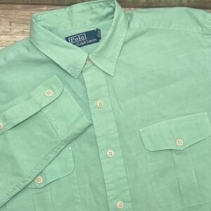 Polo Ralph Lauren Linen Blend Roll Tab Button Multi Pocket Shirt Men Large Green